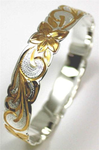 SILVER 925 HAWAIIAN BANGLE BRACELET PLUMERIA FLOWER SCROLL CUT OUT EDGE 10MM 2T