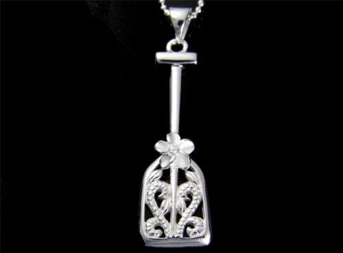 STERLING SILVER 925 HAWAIIAN PLUMERIA FLOWER SCROLL PADDLE PENDANT CZ
