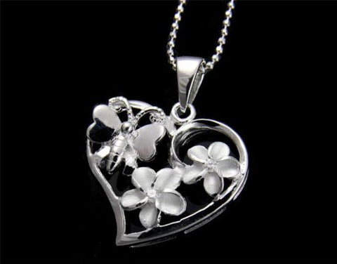 STERLING SILVER 925 HAWAIIAN PLUMERIA FLOWER BUTTERFLY HEART PENDANT CZ