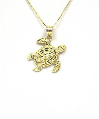 14K SOLID YELLOW GOLD SPARKLY DIAMOND CUT HAWAIIAN SEA TURTLE HONU PENDANT MED.
