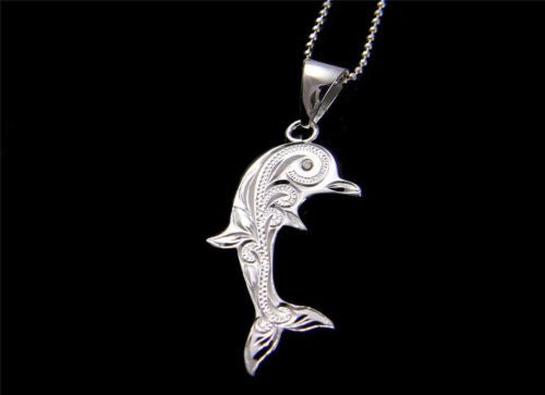 STERLING SILVER 925 HAWAIIAN SCROLL ENGRAVED DOLPHIN PENDANT CZ