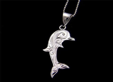 STERLING SILVER 925 HAWAIIAN SCROLL ENGRAVED DOLPHIN PENDANT CZ