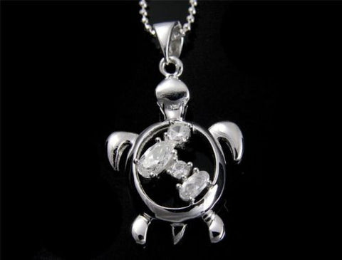 STERLING SILVER 925 SHINY HAWAIIAN HONU TURTLE PENDANT CZ 16MM