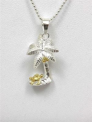 SILVER 925 HAWAIIAN 3D YELLOW GOLD PLATED SEA TURTLE UNDER PALM TREE PENDANT