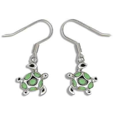 13MM SILVER 925 GREEN TURQUOISE HAWAIIAN SEA TURTLE EARRINGS WIRE HOOK RHODIUM