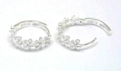 STERLING SILVER 925 6 HAWAIIAN PLUMERIA FLOWER HOOP EARRINGS CLEAR CZ