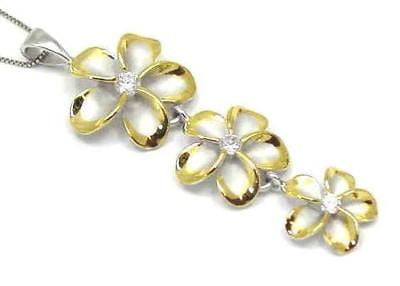 STERLING SILVER 925 HAWAIIAN 3 PLUMERIA FLOWER DANGLE PENDANT 2T RHODIUM YELLOW