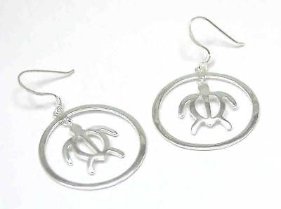 STERLING SILVER 925 HAWAIIAN HONU TURTLE DANGLE CIRCLE WIRE HOOK EARRINGS