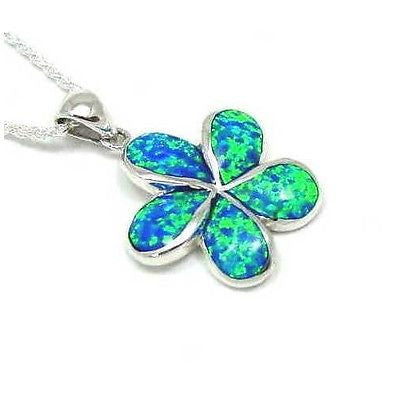 INLAY OPAL 24MM HAWAIIAN PLUMERIA FLOWER PENDANT SILVER