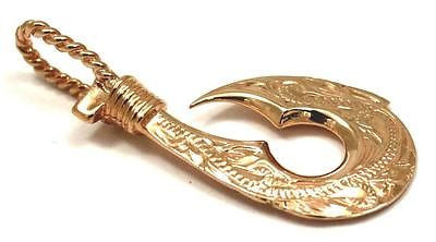 HEAVY SOLID 14K PINK ROSE GOLD REVERSIBLE HAWAIIAN SCROLL FISH HOOK PENDANT