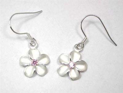 SILVER 925 HAWAIIAN PLUMERIA EARRINGS ON WIRE HOOK PINK CZ 15MM