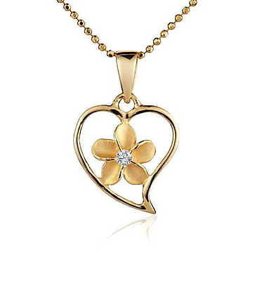 13.5MM YELLOW GOLD PLATED SILVER 925 HAWAIIAN PLUMERIA OPEN HEART PENDANT CZ