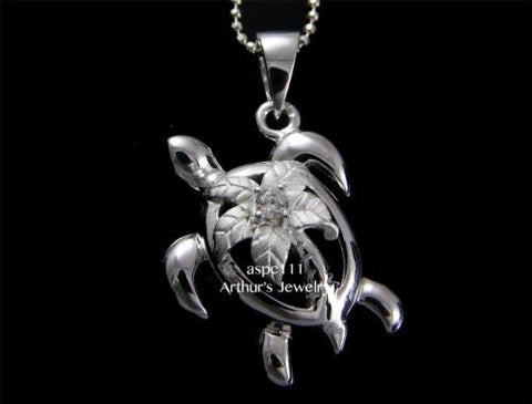 STERLING SILVER 925 HAWAIIAN PALM TREE SEA TURTLE PENDANT CZ