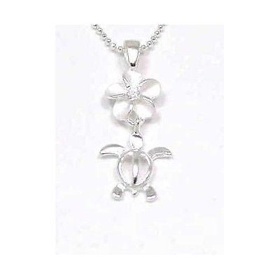 SILVER 925 8MM HAWAIIAN PLUMERIA DANGLE HONU TURTLE PENDANT CZ