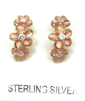 PINK ROSE GOLD STERLING SILVER 925 HAWAIIAN PLUMERIA FLOWER HOOP POST EARRINGS