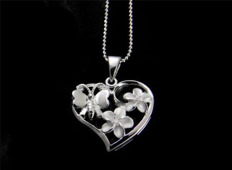 STERLING SILVER 925 HAWAIIAN PLUMERIA FLOWER BUTTERFLY HEART PENDANT CZ