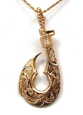 HEAVY SOLID 14K PINK ROSE GOLD REVERSIBLE HAWAIIAN SCROLL FISH HOOK PENDANT