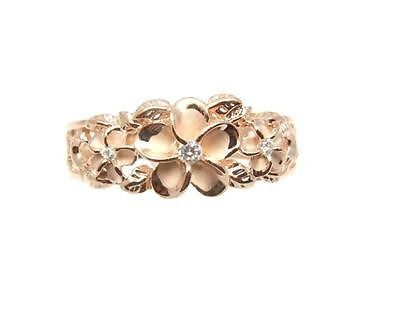 ROSE GOLD PLATED SILVER 925 HAWAIIAN 3 PLUMERIA FLOWER RING MAILE CUT OUT SCROLL