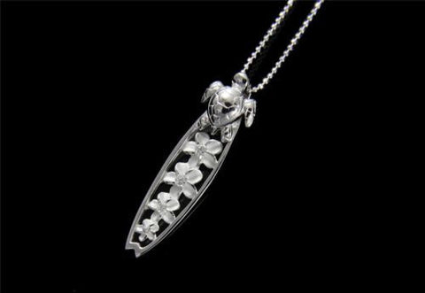 SILVER 925 HAWAIIAN SEA TURTLE PLUMERIA FLOWER SURFBOARD SLIDE PENDANT CZ