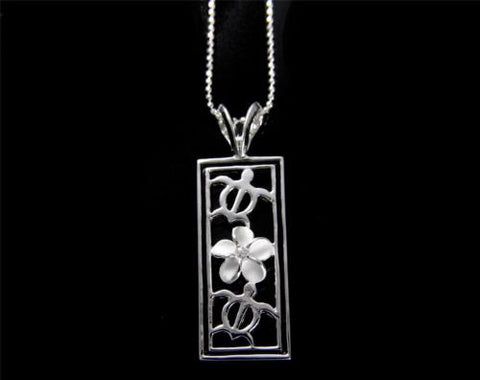 SILVER 925 HAWAIIAN PLUMERIA FLOWER HONU TURTLE BLACK ENAMEL VERTICAL PENDANT CZ