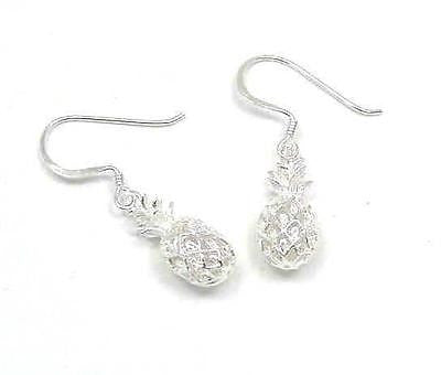 925 STERLING SILVER 3D HAWAIIAN PINEAPPLE DANGLING WIRE HOOK EARRINGS