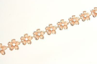 STERLING SILVER 925 HAWAIIAN PLUMERIA PINK ROSE GOLD PLATED BRACELET CZ 12MM 7.5