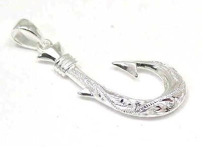 SOLID 925 STERLING SILVER HAWAIIAN SCROLL MAILE 2 SIDED 3D FISH HOOK PENDANT