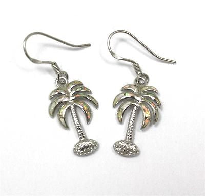 INLAY OPAL SILVER 925 HAWAIIAN PALM TREE EARRINGS WIRE HOOK