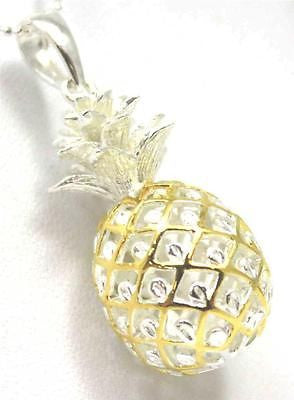 STERLING SILVER 925 EXTRA LARGE HAWAIIAN 3D PINEAPPLE PENDANT 2 TONE YELLOW GOLD