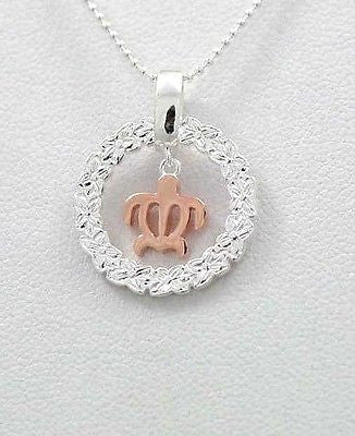 SILVER 925 HAWAIIAN PLUMERIA LEI DANGLE ROSE GOLD PLATED BABY TURTLE PENDANT