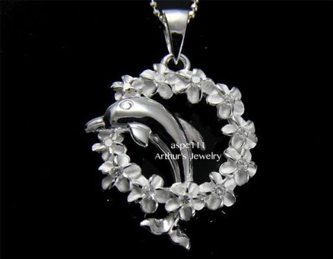 SILVER 925 HAWAIIAN SHINY DOLPHIN JUMPING THROUGH PLUMERIA FLOWER LEI PENDANT CZ