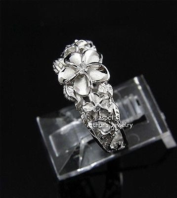 SILVER 925 HAWAIIAN 3 PLUMERIA FLOWER RING MAILE CUT OUT SCROLL RHODIUM SZ 3-10