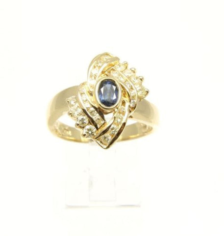 GENIUNE BLUE SAPPHIRE & DIAMOND RING SET IN HEAVY SOLID 18K YELLOW GOLD