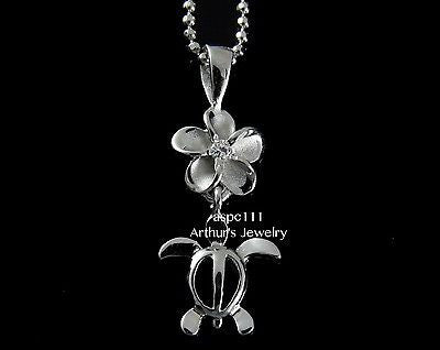 SILVER 925 HAWAIIAN PLUMERIA FLOWER DANGLE HONU SEA TURTLE PENDANT RHODIUM