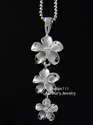 STERLING SILVER 925 HAWAIIAN 3 FANCY PLUMERIA 12MM-10MM-8MM PENDANT RHODIUM