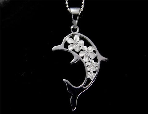 STERLING SILVER 925 HAWAIIAN 4 PLUMERIA FLOWER OUTLINE DOLPHIN PENDANT CZ