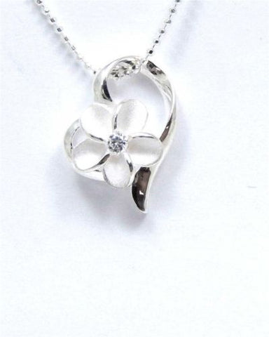 STERLING SILVER 925 HAWAIIAN PLUMERIA FLOWER SHINY FLOATING HEART PENDANT CZ