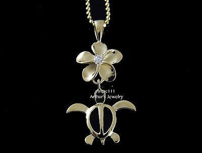 SILVER 925 HAWAIIAN PLUMERIA DANGLE HONU TURTLE PENDANT YELLOW GOLD PLATED CZ