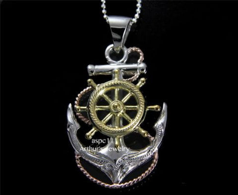 STERLING SILVER 925 TRICOLOR HAWAIIAN SCROLL ANCHOR OF HOPE SHIP WHEEL PENDANT