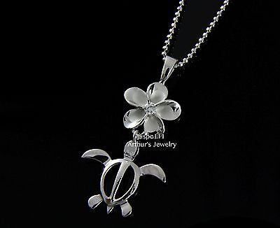 SILVER 925 HAWAIIAN PLUMERIA FLOWER DANGLE HONU SEA TURTLE PENDANT RHODIUM