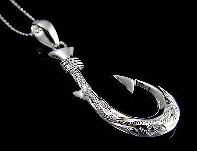 Sterling Silver Large Hawaiian Fish Hook Pendant On A Sterling Silver Chain