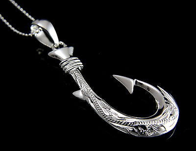 SOLID 925 STERLING SILVER HAWAIIAN SCROLL MAILE 2 SIDED 3D FISH HOOK PENDANT