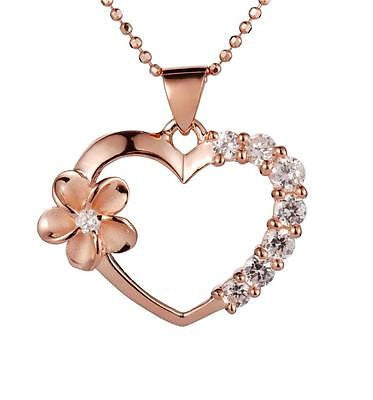 PINK/ROSE GOLD PLATED SILVER 925 HAWAIIAN PLUMERIA FLOWER HEART CZ PENDANT
