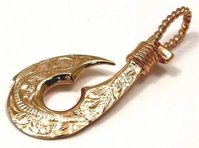 HEAVY SOLID 14K PINK ROSE GOLD REVERSIBLE HAWAIIAN SCROLL FISH HOOK PENDANT