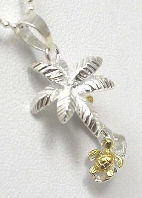 SILVER 925 HAWAIIAN 3D YELLOW GOLD PLATED SEA TURTLE UNDER PALM TREE PENDANT