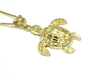 14K SOLID YELLOW GOLD SPARKLY DIAMOND CUT HAWAIIAN SEA TURTLE HONU PENDANT MED.