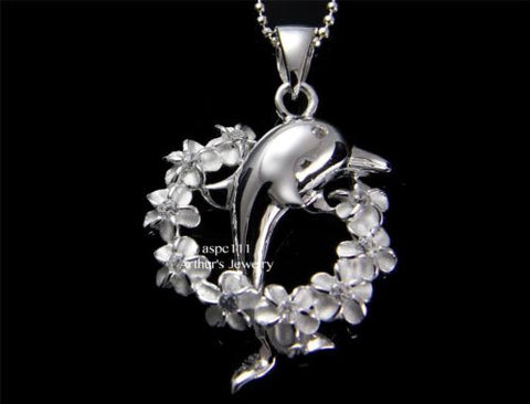 SILVER 925 HAWAIIAN SHINY DOLPHIN JUMPING THROUGH PLUMERIA FLOWER LEI PENDANT CZ