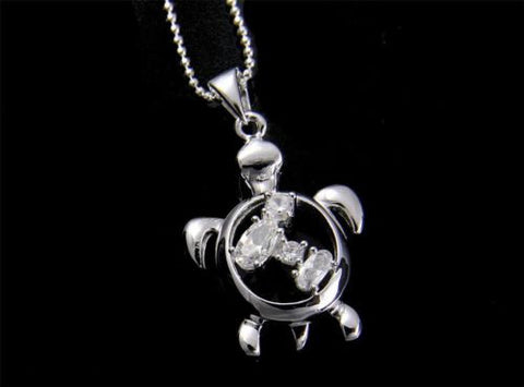 STERLING SILVER 925 SHINY HAWAIIAN HONU TURTLE PENDANT CZ 16MM