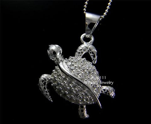 STERLING SILVER 925 HAWAIIAN SPARKLY CZ SWIMMING SEA TURTLE PENDANT