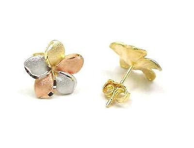 14K TRICOLOR YELLOW PINK WHITE GOLD 16MM HAWAIIAN PLUMERIA POST STUD EARRINGS